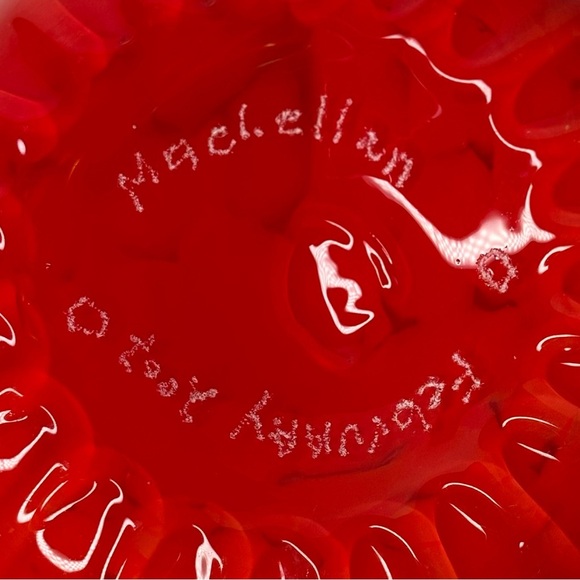 Decorative Hand Blown Studio Glass Art Bowl, Red Orange Swirl Etched Signature - Picture 6 of 11